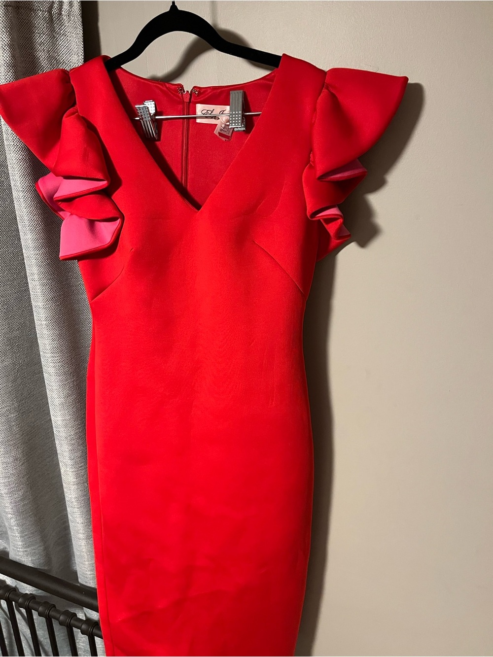 Eliza J Red V-Neck Ruffle Sleeve Midi Dress